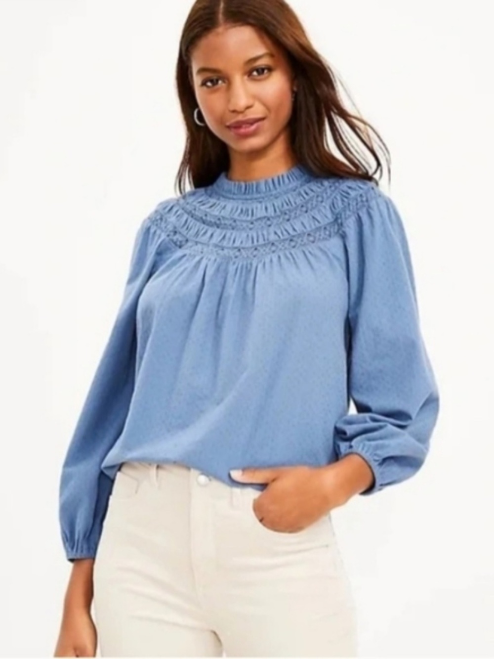 NWOT Loft Eyelet Yoke Blue Blouse Small